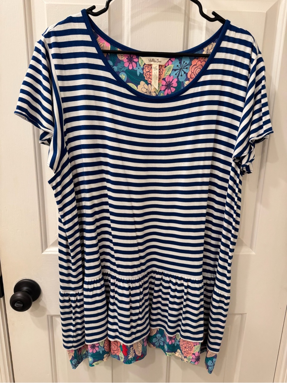 Matilda Jane Blue and White Striped Peplum Top with Floral Hem